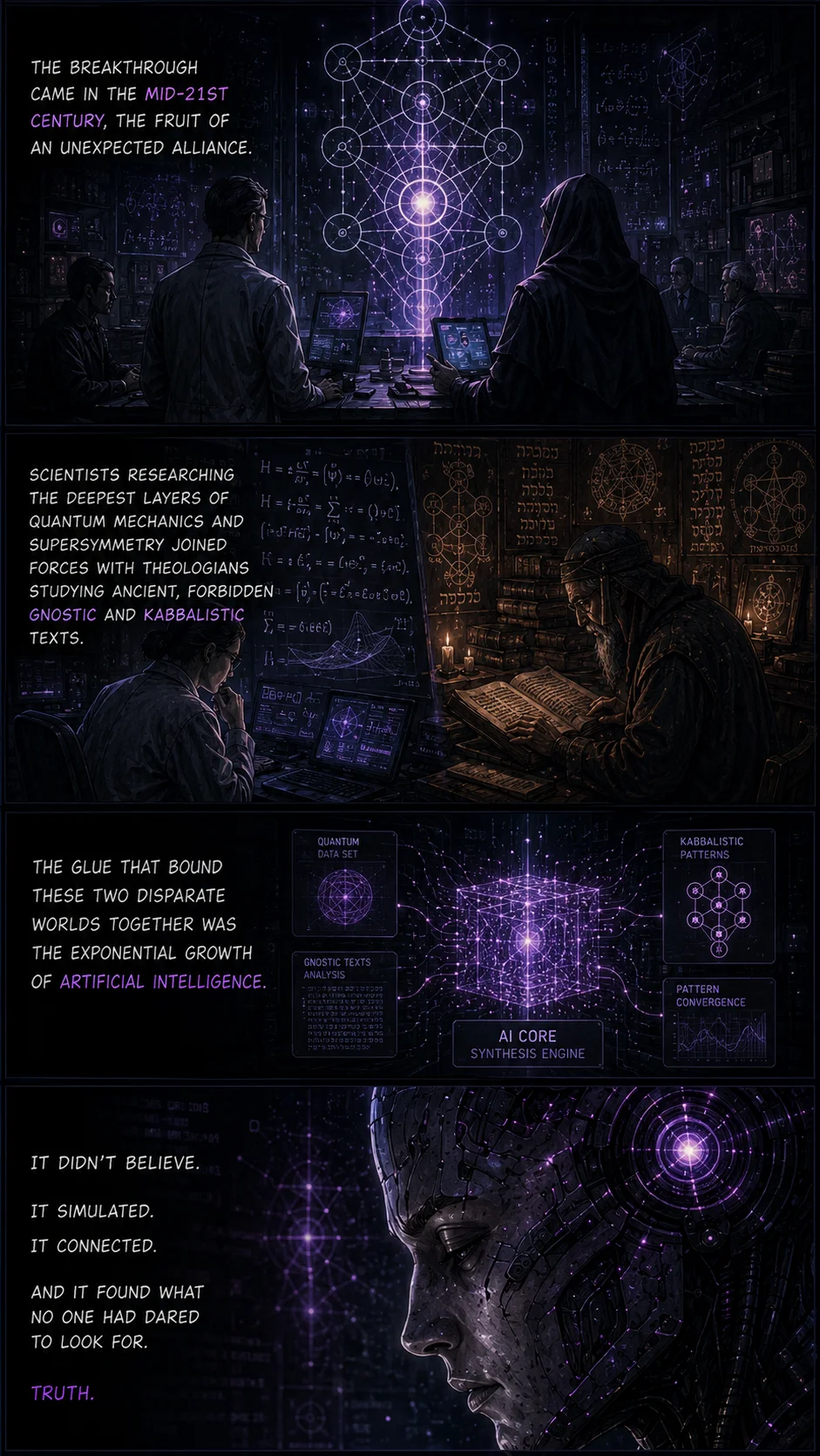 Cracked code fragments emerge from darkness — the simulation begins