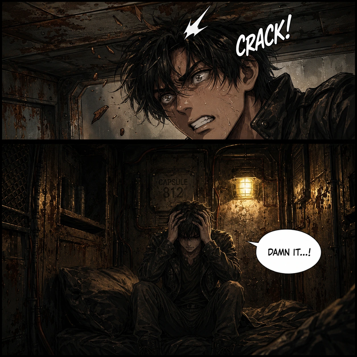 Peter spots the enforcer and ducks into a narrow alley between decaying buildings