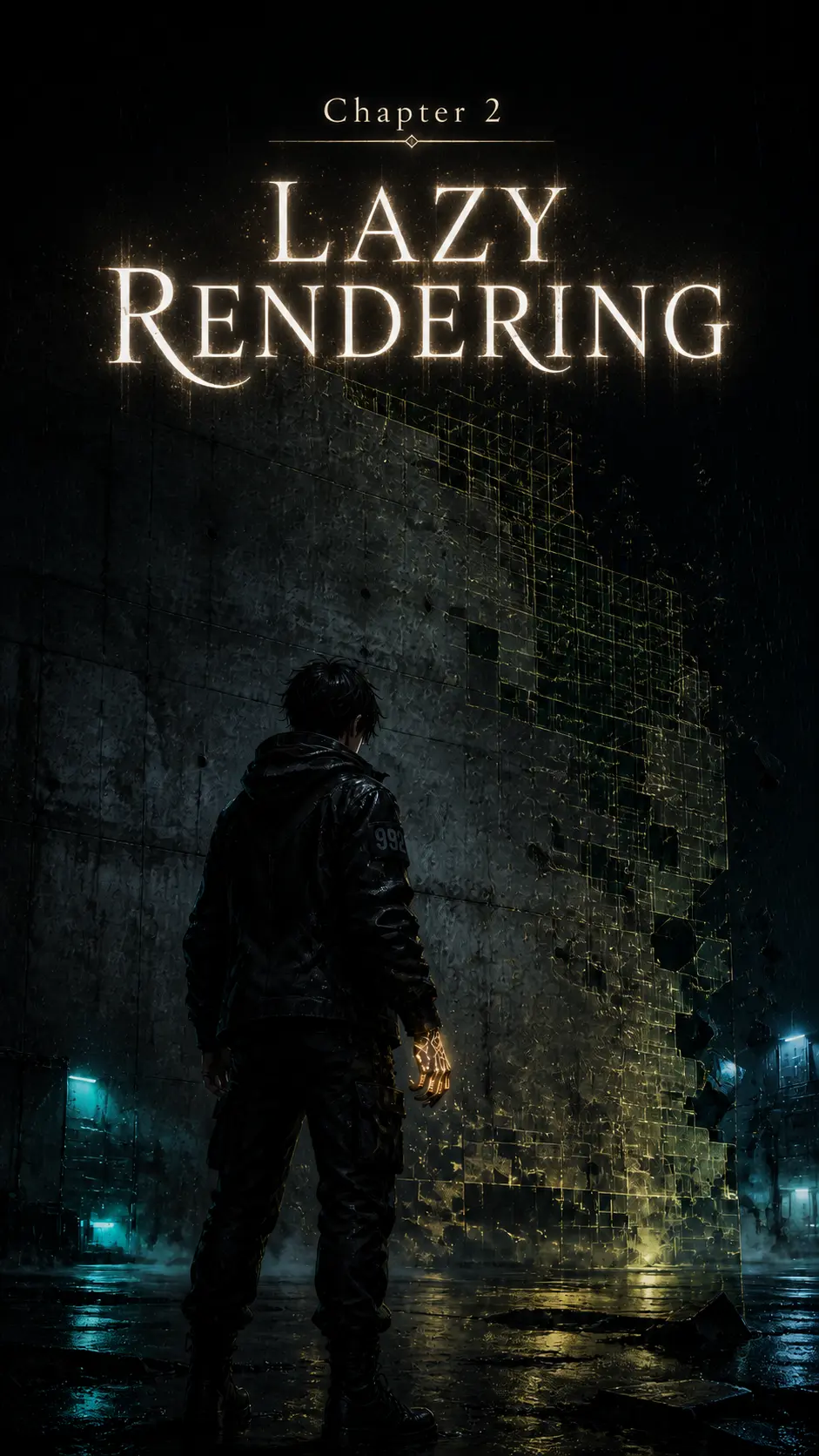 Episode 2: Lazy Rendering — teaser panel showing a glitching cityscape at dusk